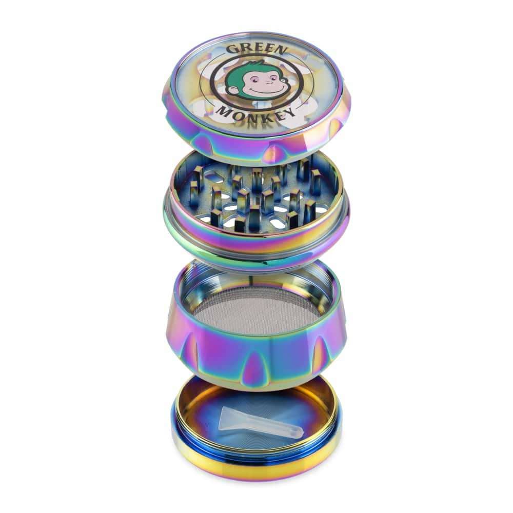 A close-up, angled view of the Baboon Crown 63mm Grinder, showcasing its multi-tiered metallic design.