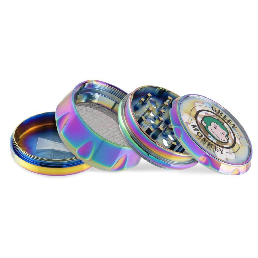 A close-up of the Baboon Crown 63mm Grinder, displaying its multi-tiered, metallic finish and circular design.