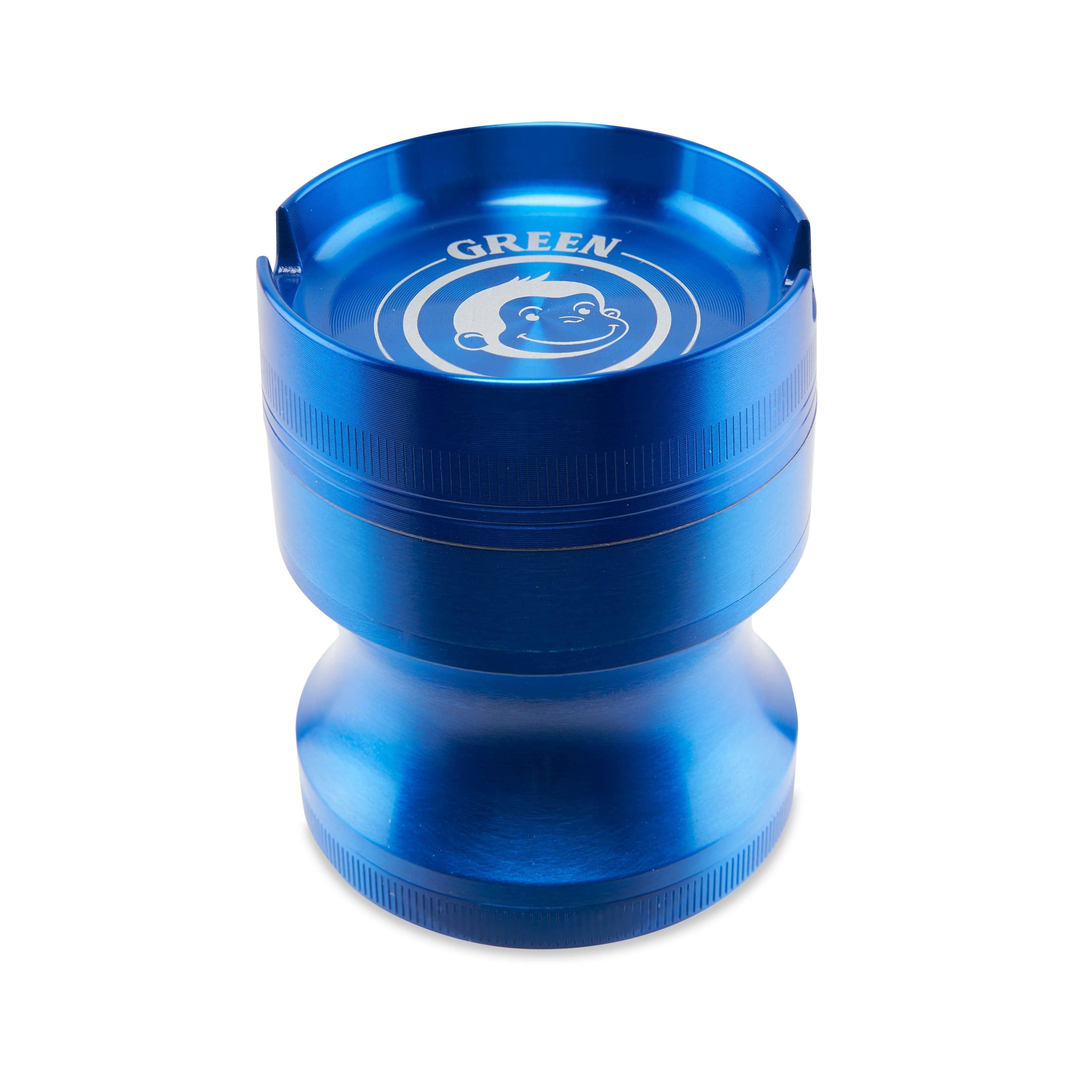 Front view of the Chacma 63mm Magnetic Grinder with Ashtray, showcasing its metallic blue finish and cylindrical shape.