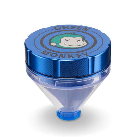 Front view of the Patas 50mm Funnel Grinder, showcasing its metallic blue funnel shape and detailed, textured design.