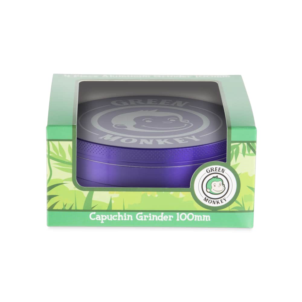 Front view of the Capuchin 100mm Grinder, showcasing its round shape and branded logo against a plain white background.