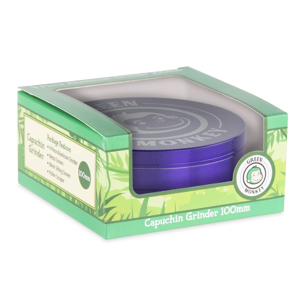 Front view of the Capuchin 100mm Grinder, showcasing its metallic finish and round, multi-tiered design.