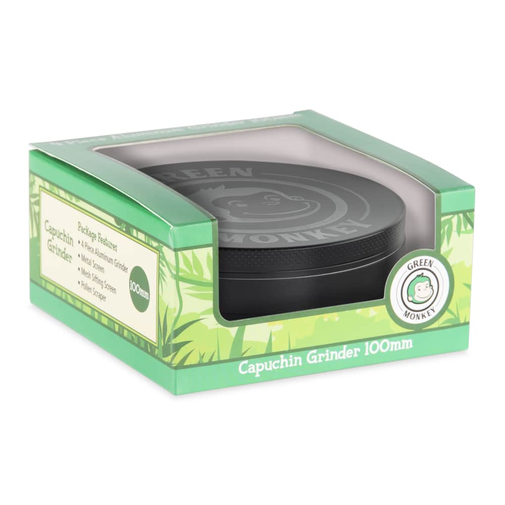 Front view of the Capuchin 100mm Grinder, showcasing its metallic finish and cylindrical shape against a dark backdrop.