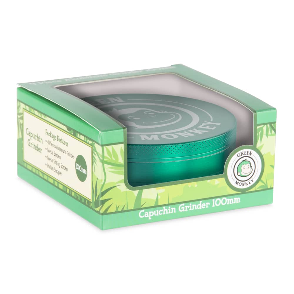 A front view of the Capuchin 100mm Grinder, showing its metallic finish and the branded packaging it sits against.