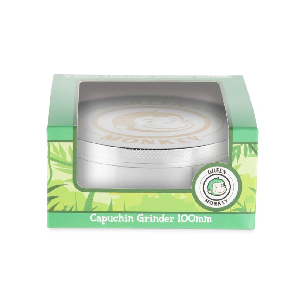 Front view of the Capuchin 100mm Grinder, showing a silver and black metal grinder against a plain white background.