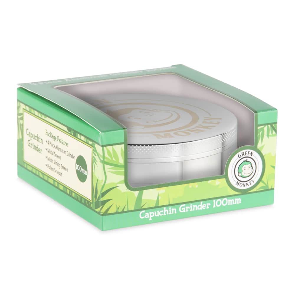 Front view of the Capuchin 100mm Grinder, a metal grinder with green accents on white packaging.