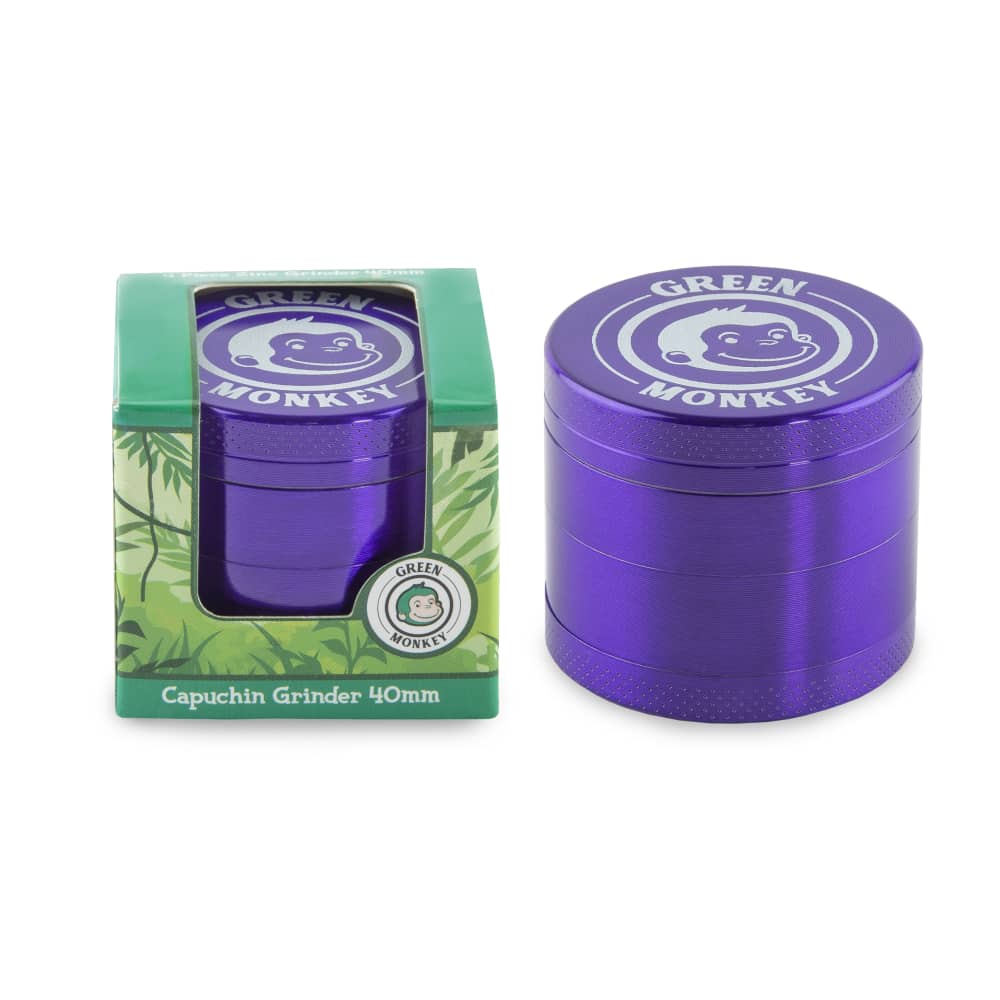 Front view of the Capuchin 40mm Grinder, a silver metal grinder with a branded logo on a plain white background.