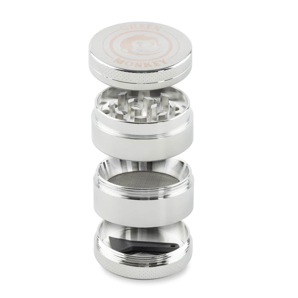 Close-up of the Capuchin 40mm Grinder, showcasing its stacked metal components in a symmetrical, studio-lit arrangement.