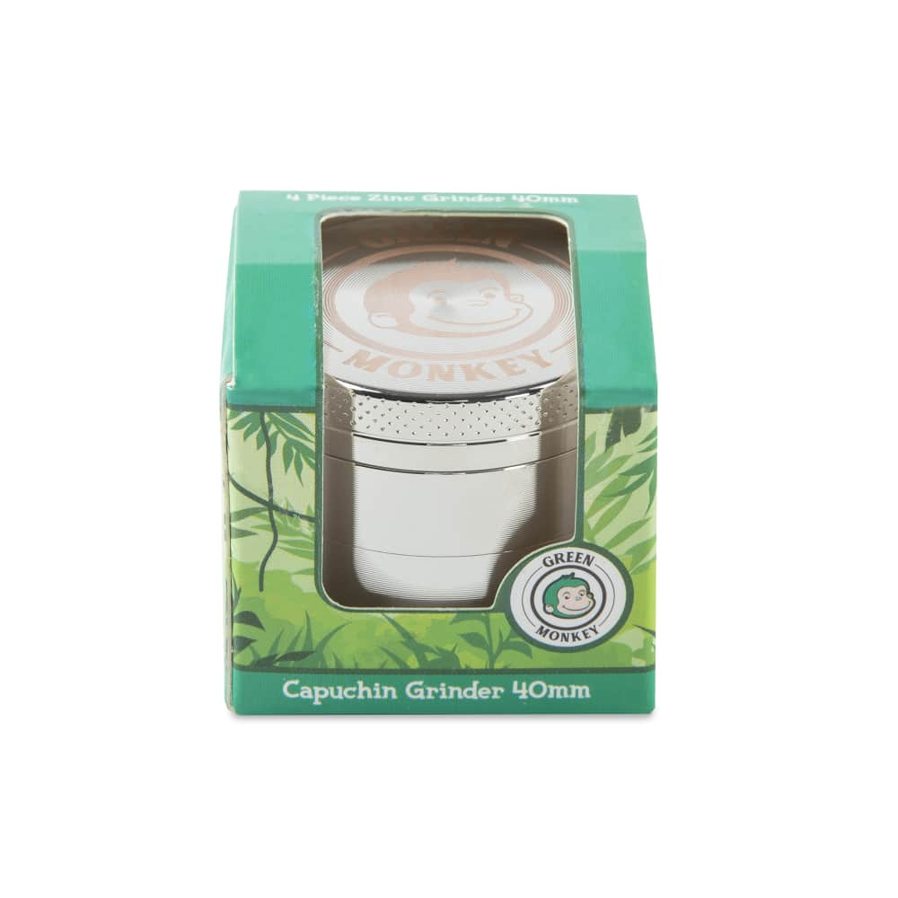 Front view of the Capuchin 40mm Grinder, showcasing its silver metallic finish and circular design against a neutral background.