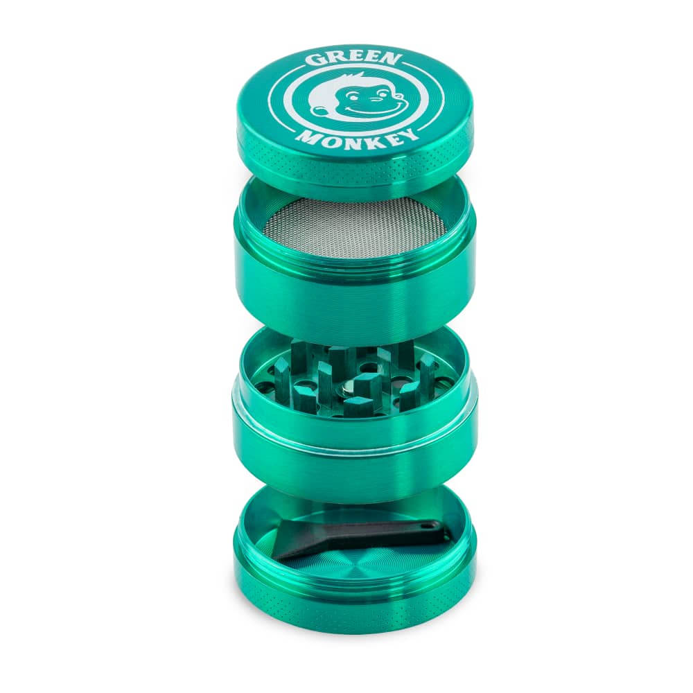 Front view of the Capuchin 40mm Grinder, a metallic, four-part grinder with a textured grip and visible grinding teeth.