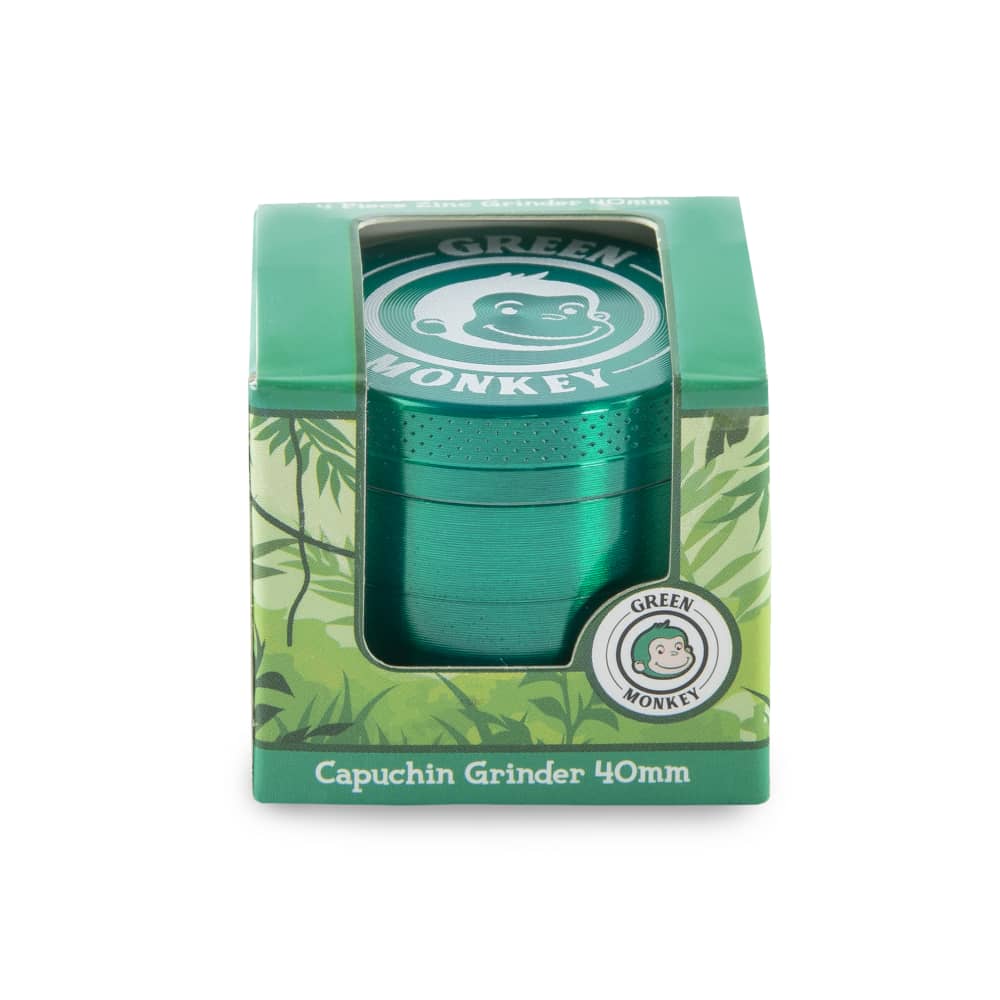 Front view of the Capuchin 40mm Grinder, showcasing a circular, multi-part metal grinder with a branded logo on a plain white background.