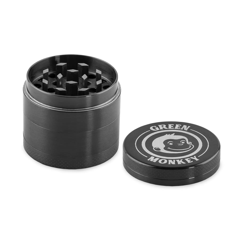 Front view of the Capuchin 40mm Grinder, a silver metal grinder with visible grinding teeth inside the top chamber.