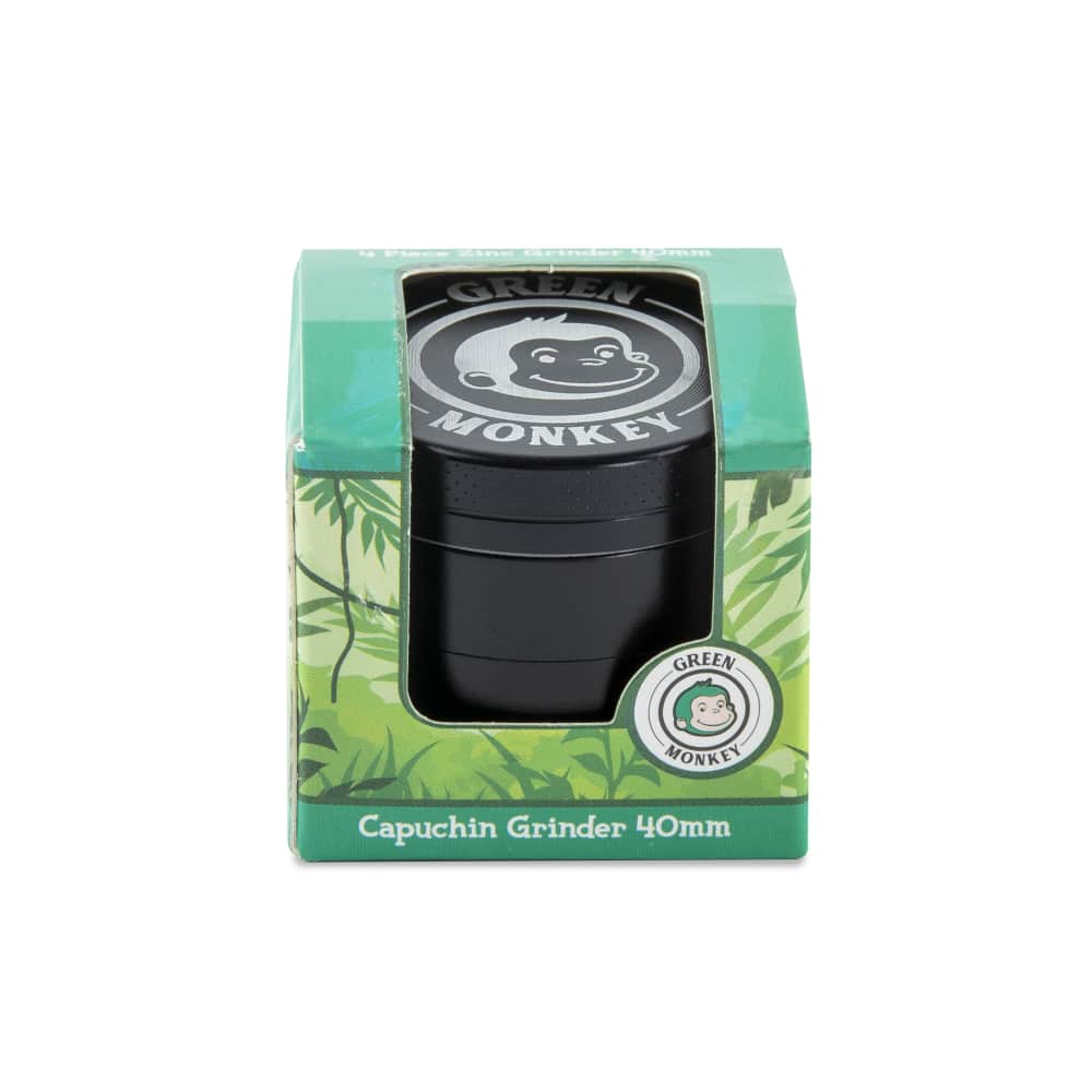 Front view of the Capuchin 40mm Grinder, featuring a dark finish and a simple circular design on a neutral background.