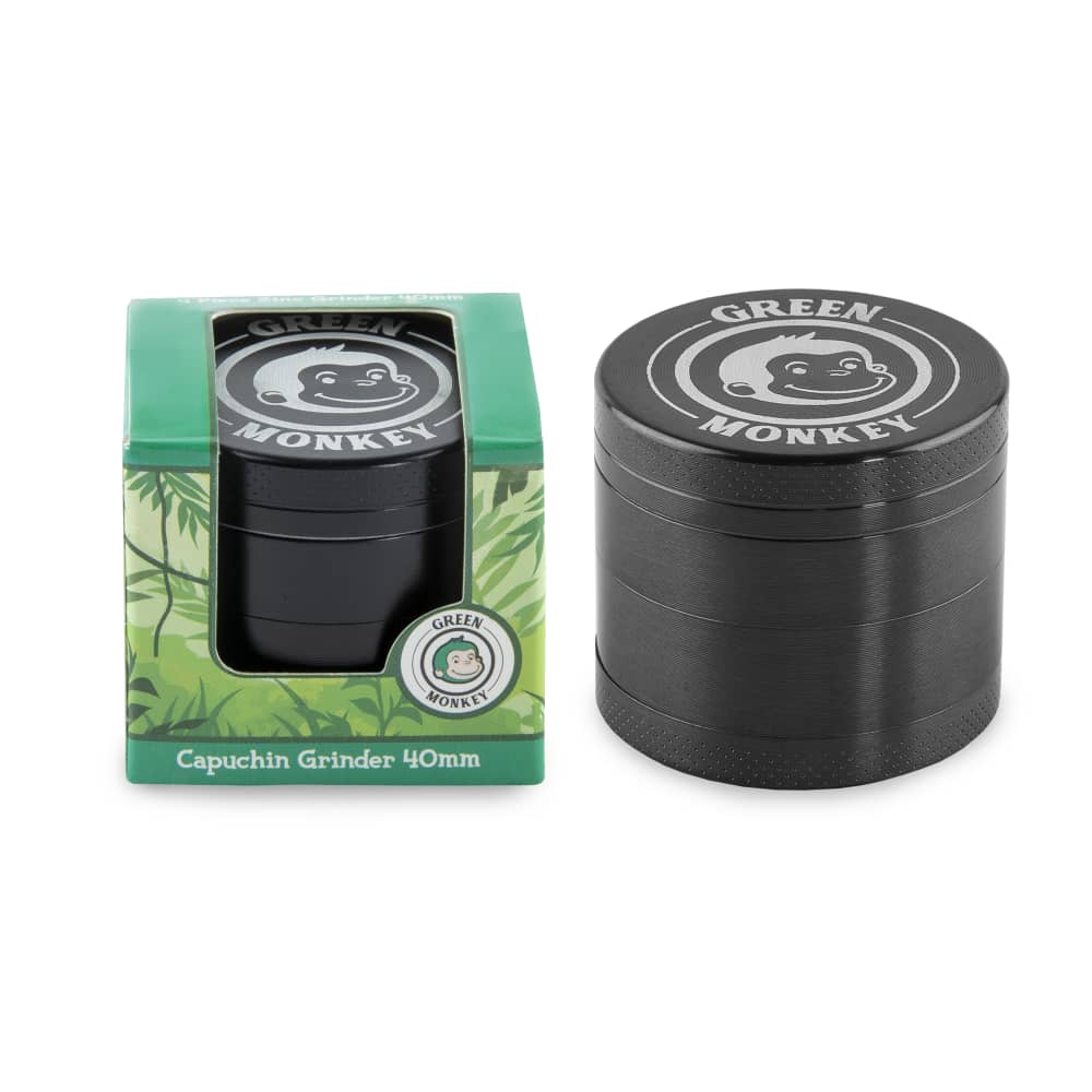 Front view of the Capuchin 40mm Grinder, a silver metal grinder with a branded logo on top, isolated on a plain white background.