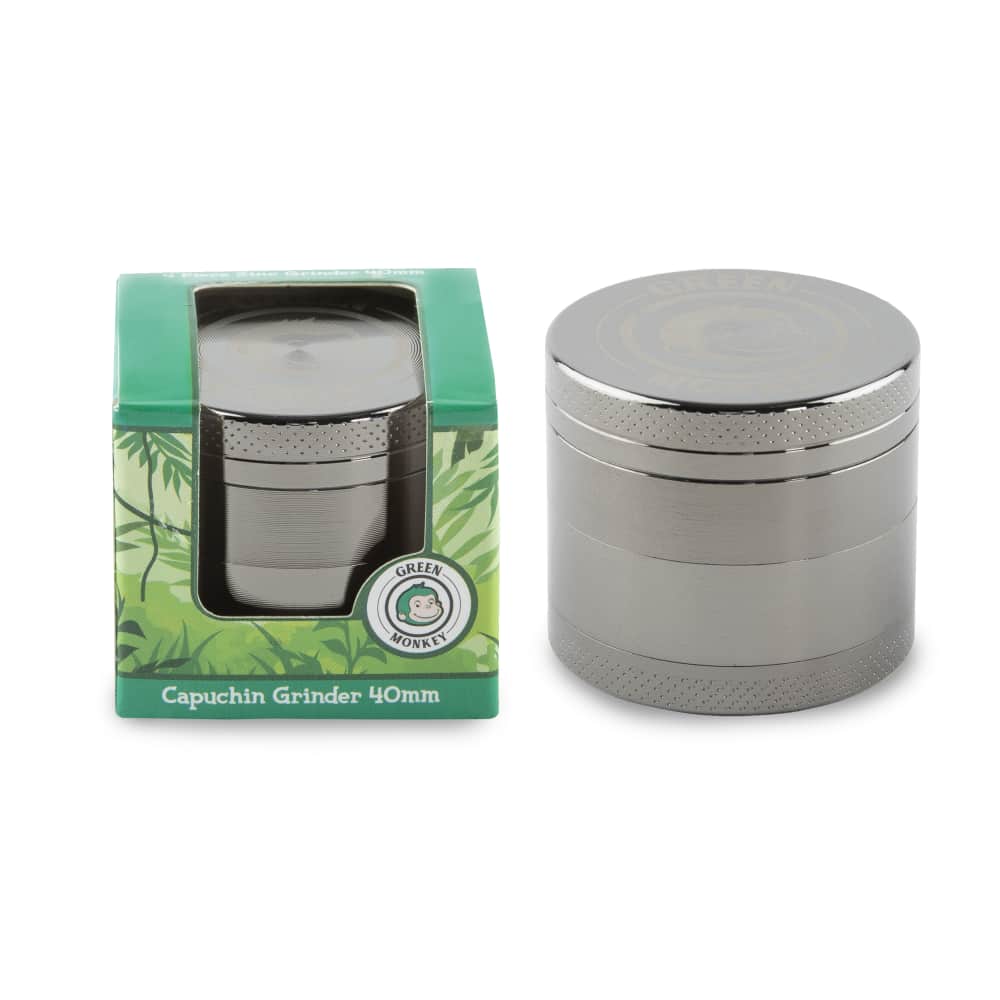 A front view of the metallic Capuchin 40mm Grinder, showcasing its cylindrical shape and multi-tiered design.