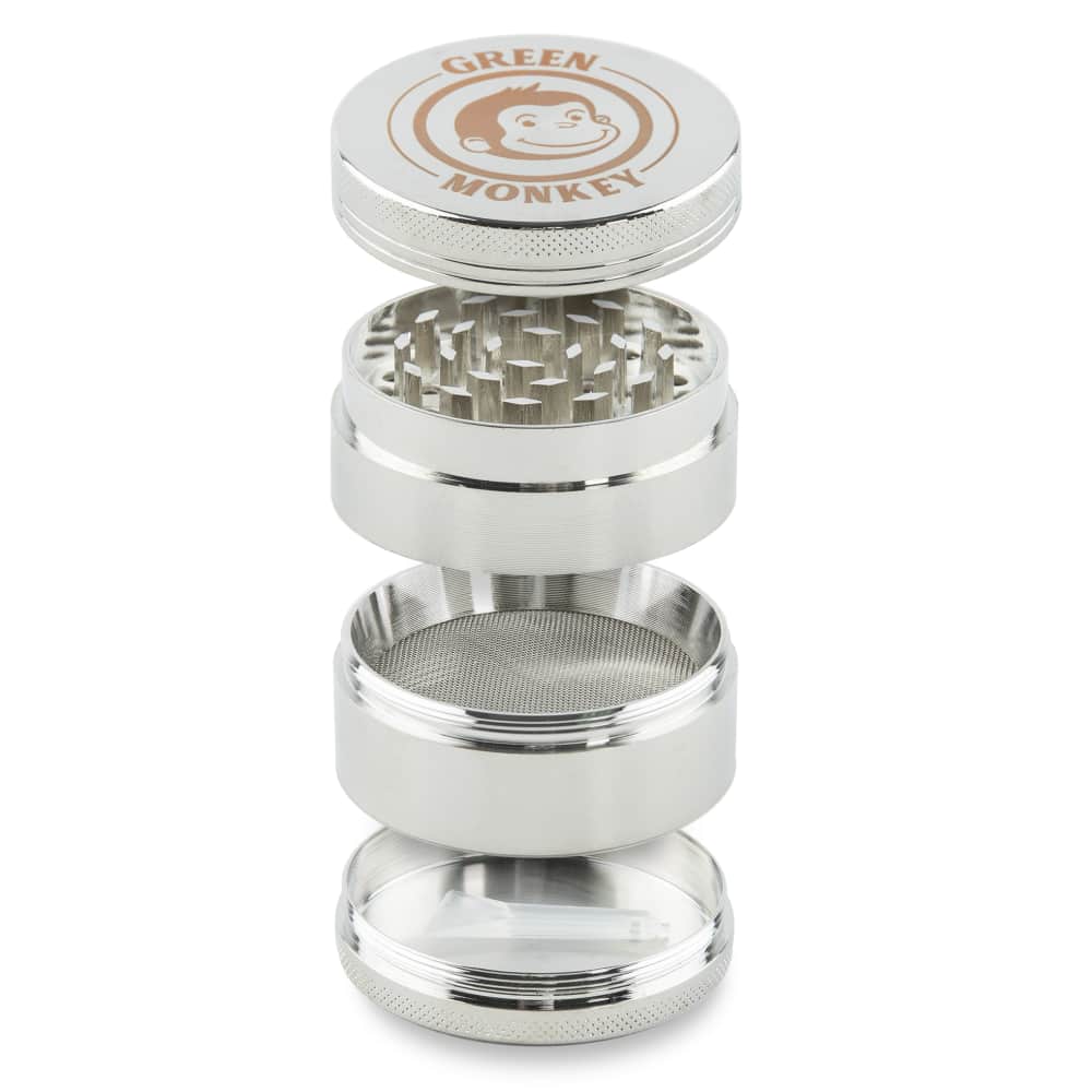 Front view of the Capuchin 50mm Grinder, showcasing its silver metallic layers and cylindrical form.