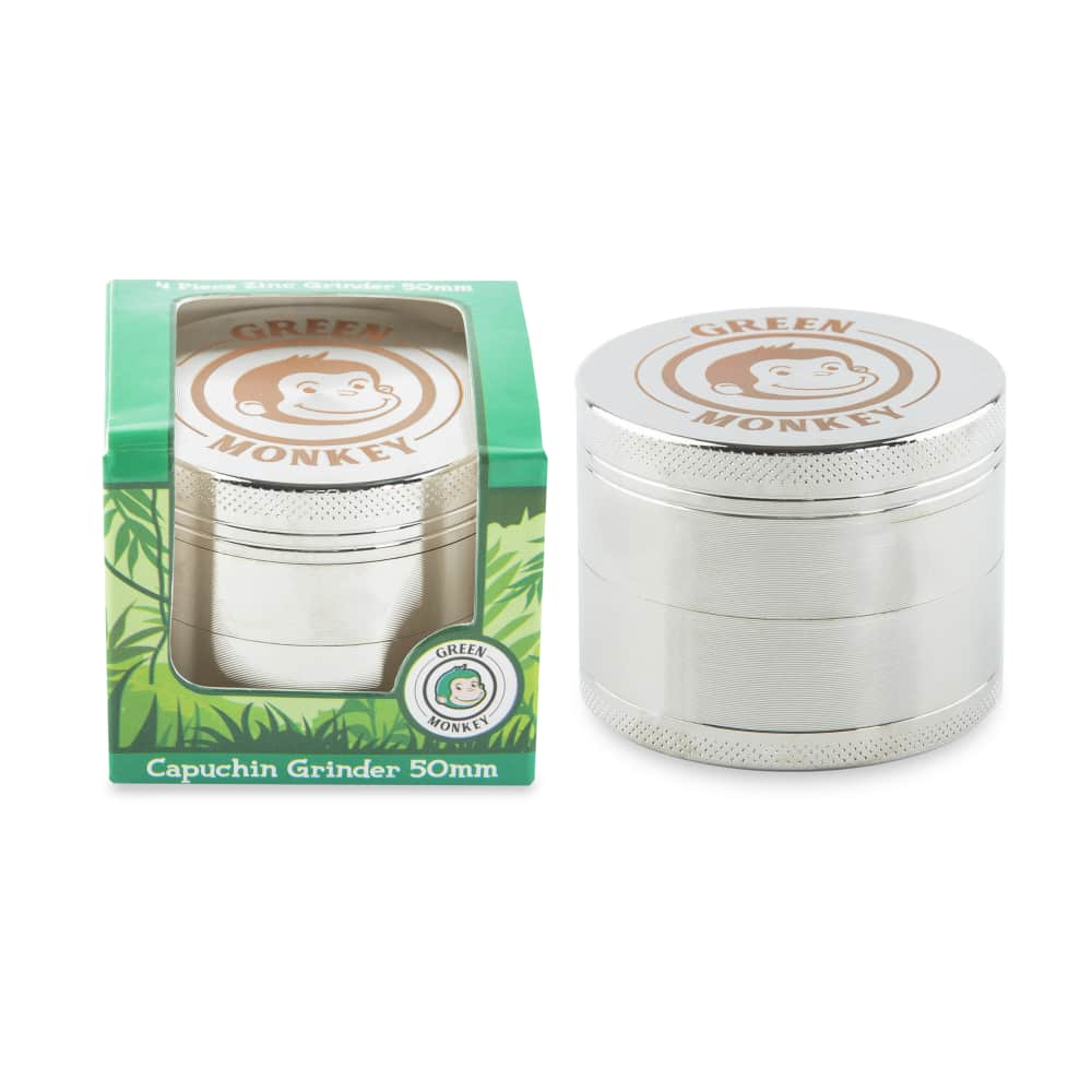 Front view of the silver Capuchin 50mm Grinder, featuring a circular design with the brand logo prominently displayed on top.