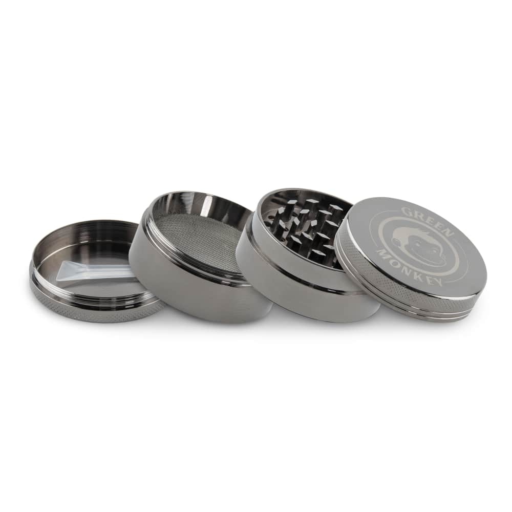 A disassembled view of the Capuchin 50mm Grinder, showcasing its metallic components laid out on a plain white background.