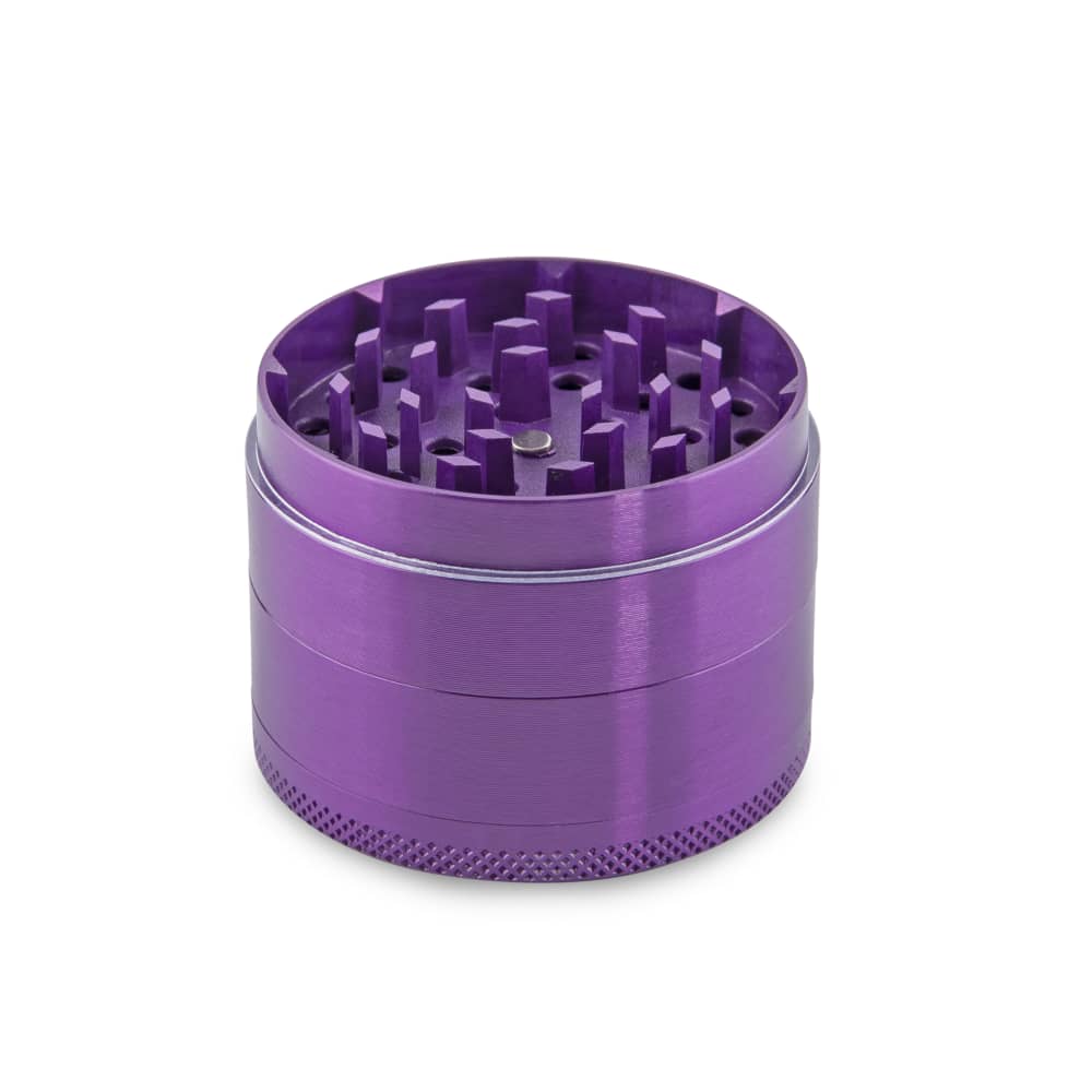 A close-up, angled view of the silver Capuchin 55mm Grinder, showcasing its textured metallic surface and multi-tiered construction.