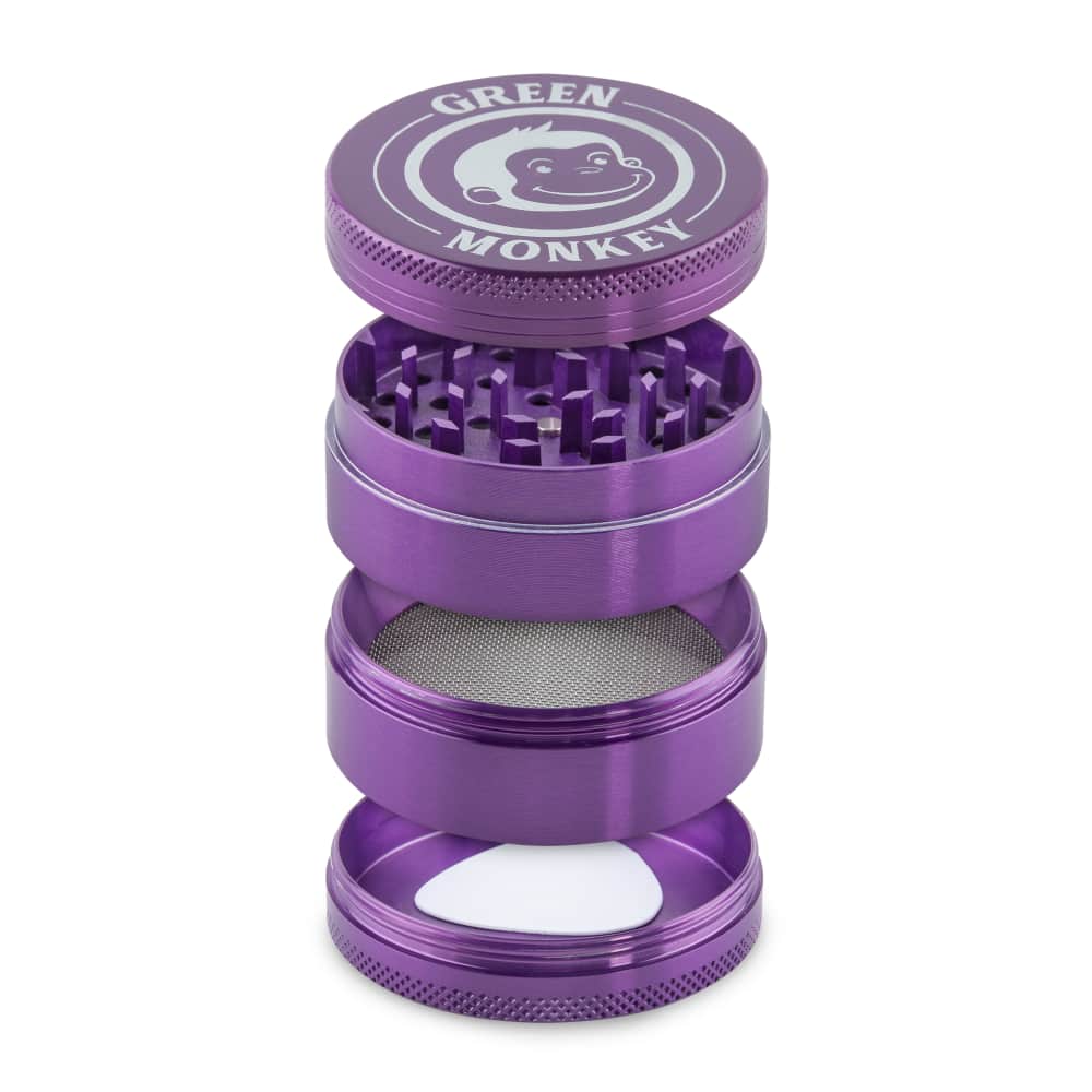 A close-up, angled view of the Capuchin 55mm Grinder, showing its four-piece metal construction.
