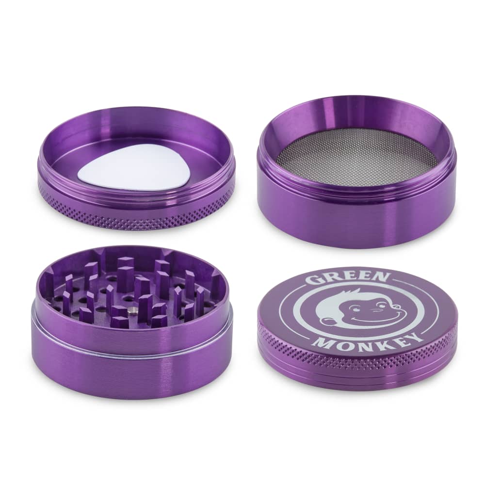 Front view of the Capuchin 55mm Grinder, a purple metal grinder with visible teeth inside, presented on a white background.