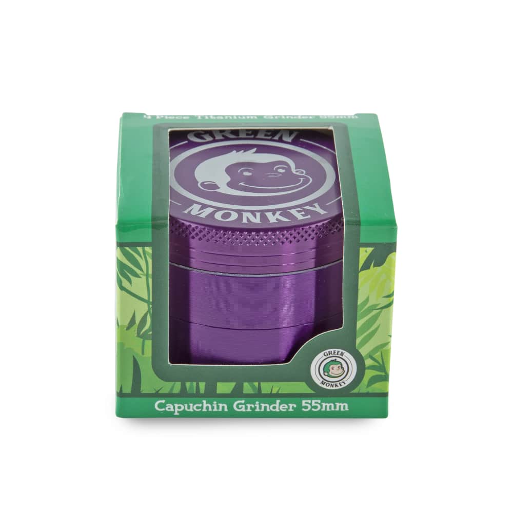 Front view of the Capuchin 55mm Grinder, featuring a silver metal design with a green logo on a plain white background.
