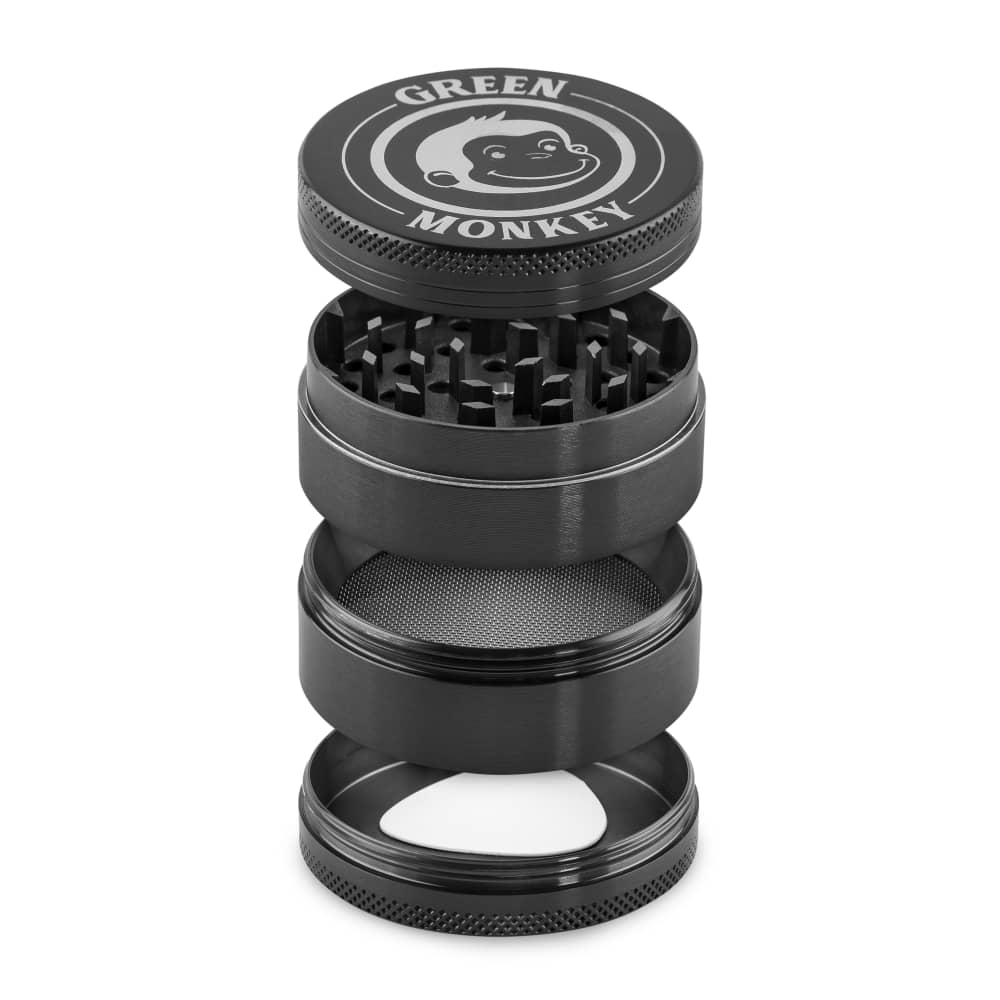 A close-up, angled view of the Capuchin 55mm Grinder, displaying its multi-tiered, silver metallic construction.