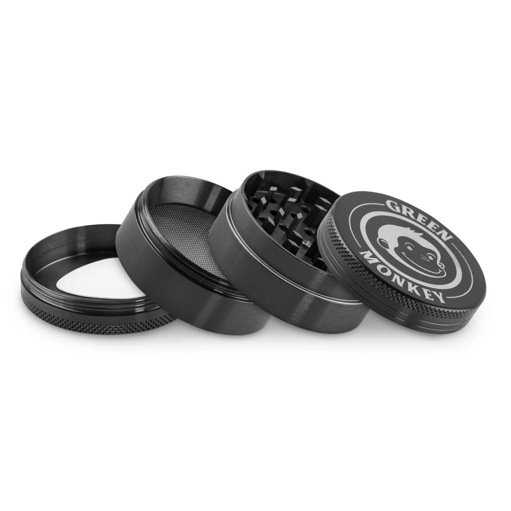 A disassembled view of the Capuchin 55mm Grinder, showcasing its metallic components against a plain white background.