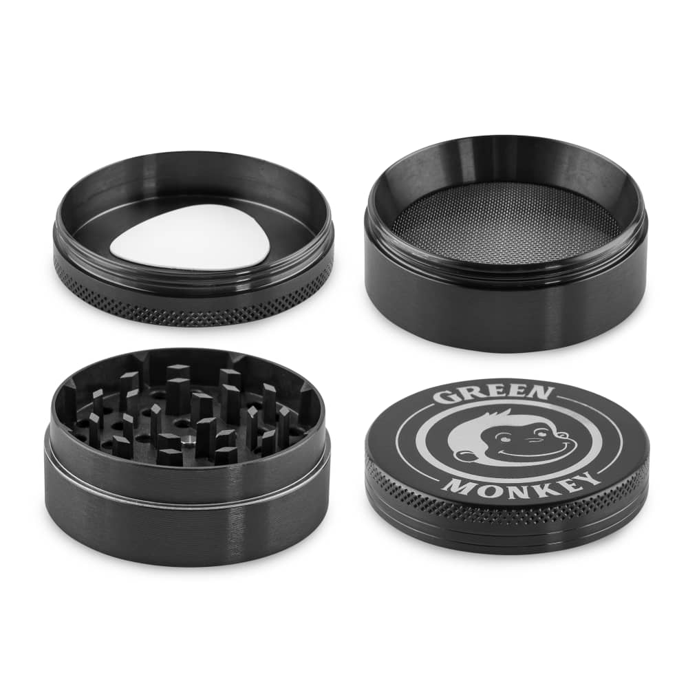 A top-down view of the Capuchin 55mm Grinder, showcasing its metallic, multi-tiered design on a plain white background.