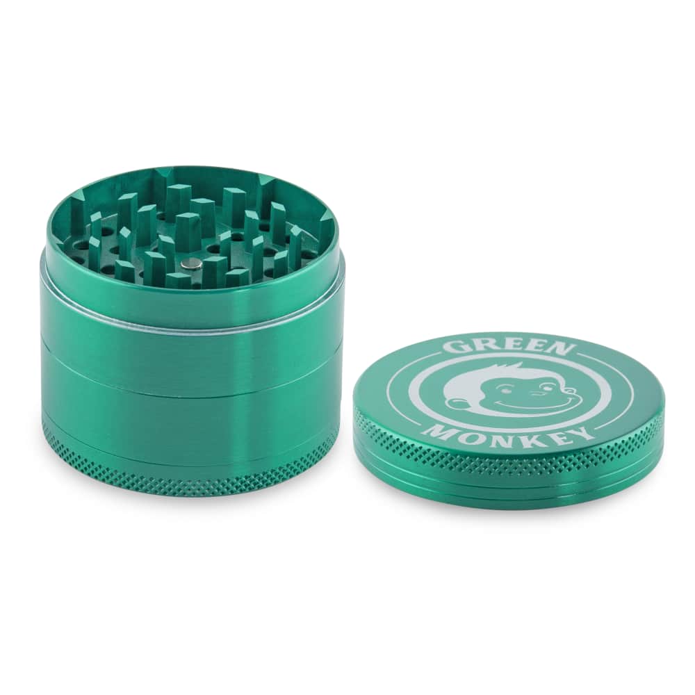 A close-up, angled view of the Capuchin 55mm Grinder, showing its metallic, multi-tiered construction.
