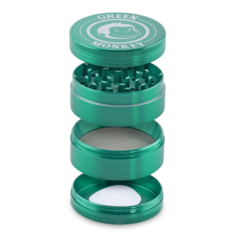 Front view of the Capuchin 55mm Grinder, showcasing its cylindrical, multi-piece construction with a metallic finish.