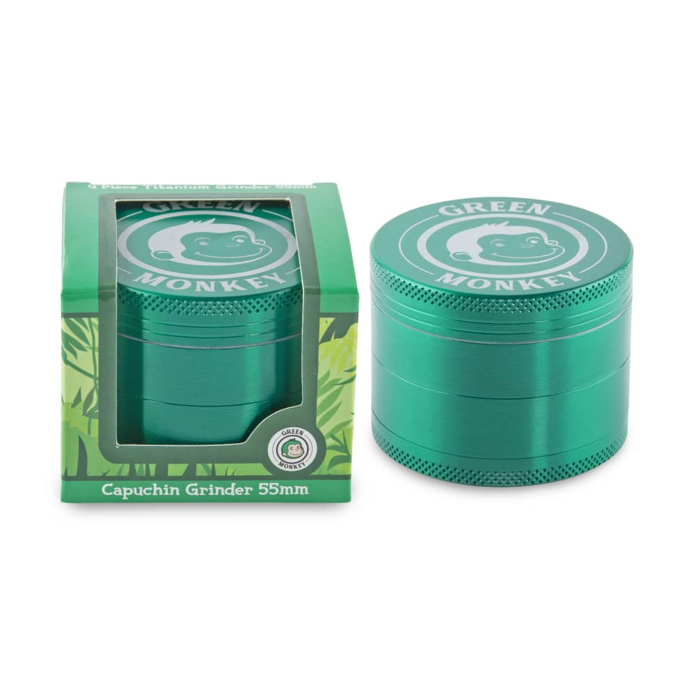 A front view of the Capuchin 55mm Grinder, showing a silver metal grinder with a branded cap against a plain white background.