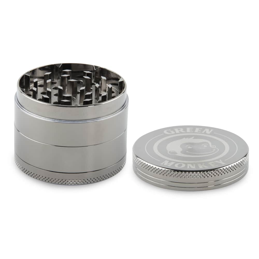 Close-up of the Capuchin 55mm Grinder from a slightly elevated angle, showing its metallic, multi-tiered construction.