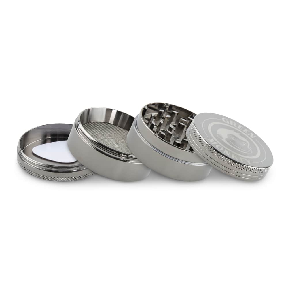 A close-up, angled view of the disassembled Capuchin 55mm Grinder, displaying its metallic components against a neutral background.