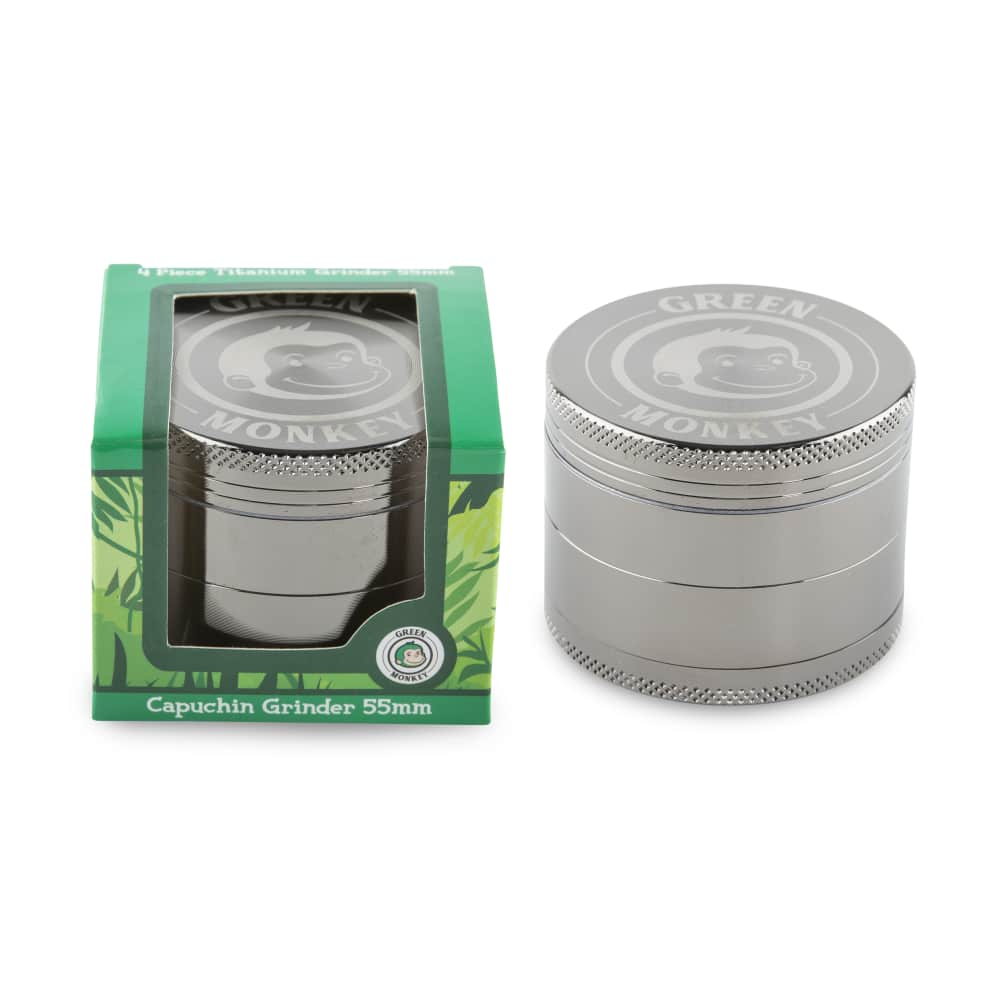 Front view of the Capuchin 55mm Grinder, a silver metal grinder displayed against a dark background.
