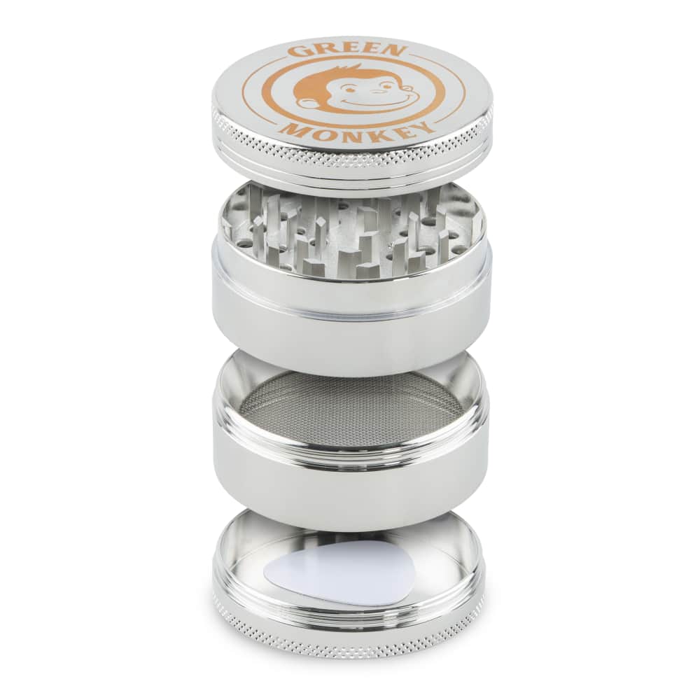 A close-up, angled view of the Capuchin 55mm Grinder, showcasing its multi-tiered, metallic construction.