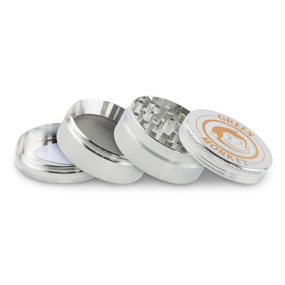 A disassembled view of the Capuchin 55mm Grinder, showcasing its silver metallic components arranged on a plain white background.