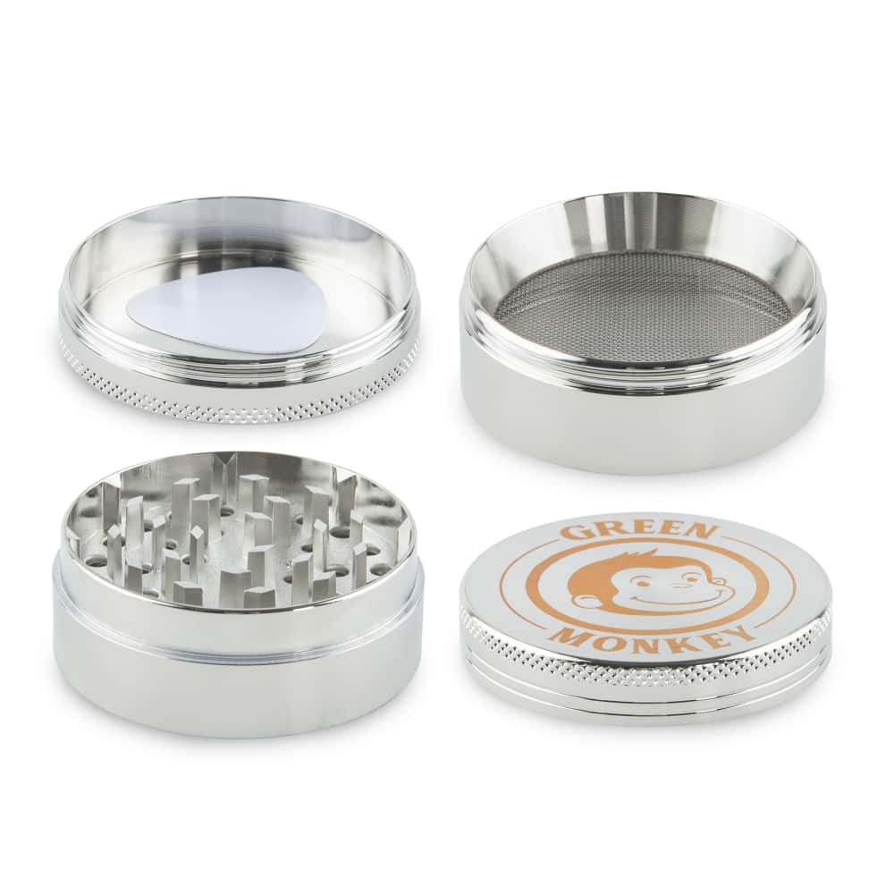 A close-up, top-down view of the Capuchin 55mm Grinder, showcasing its silver metallic finish and multi-tiered design.