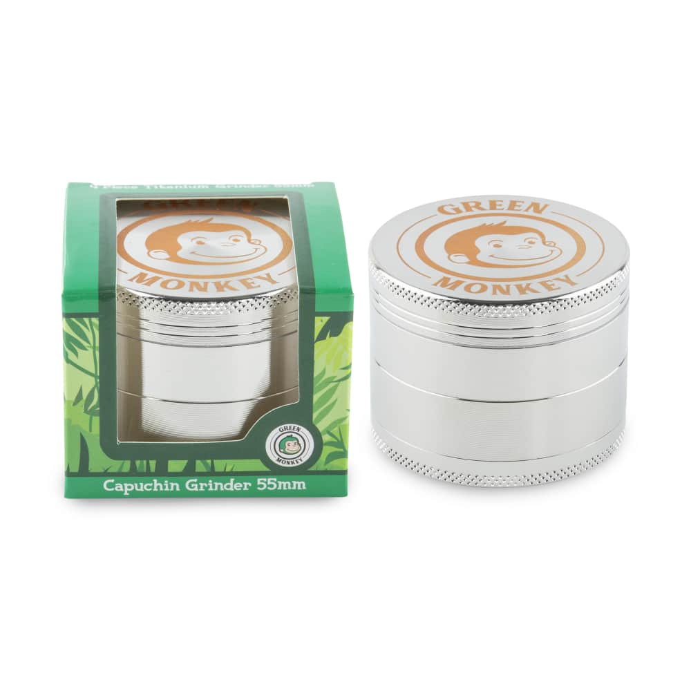 A close-up, front view of the Capuchin 55mm Grinder, showcasing its silver metallic finish and circular design.