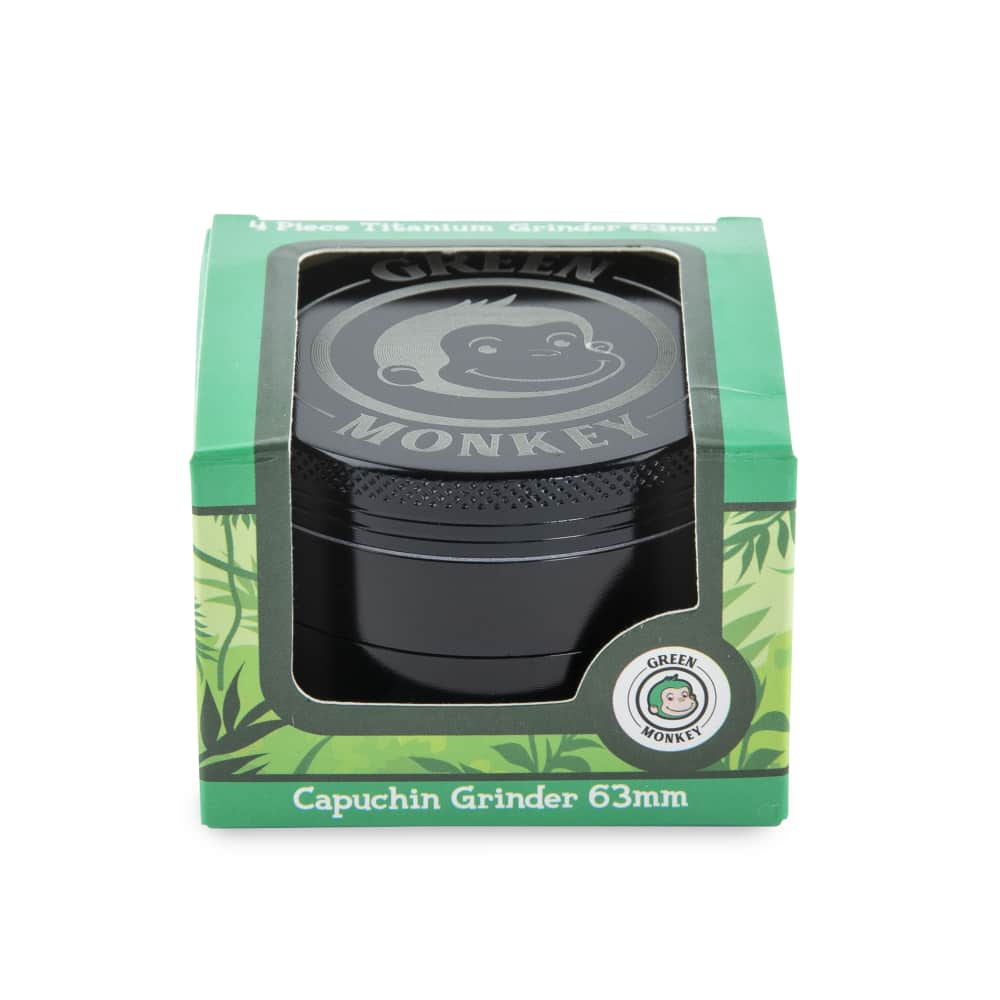 Front view of the Capuchin 63mm Grinder, showcasing the circular design with branding on a plain white background.