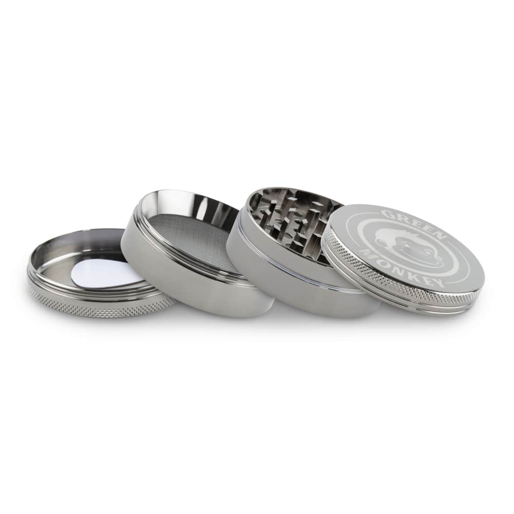 A disassembled view of the Capuchin 63mm Grinder, showcasing its silver metallic components and internal grinding mechanism.