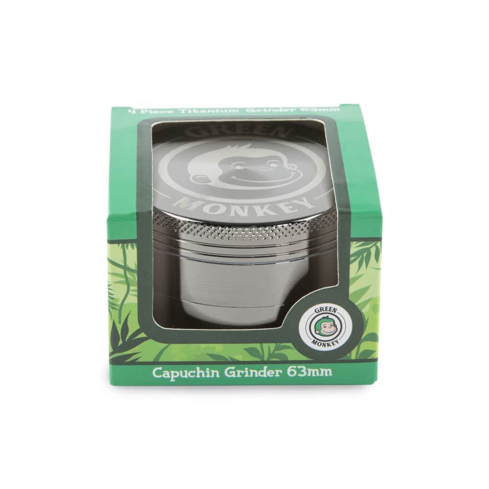 Front view of the Capuchin 63mm Grinder with a silver finish, featuring a circular logo on top and a clean, minimalist design.