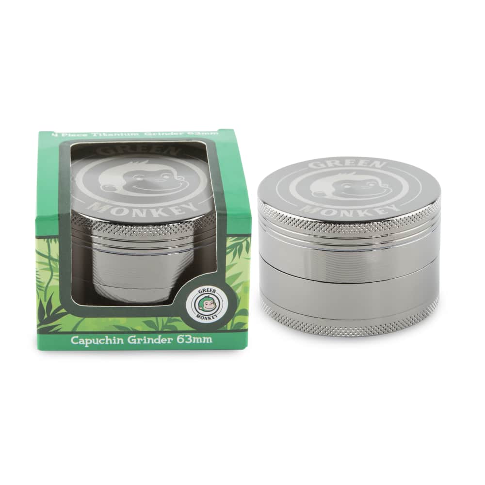 Front view of the Capuchin 63mm Grinder, a silver metal grinder with a sleek cylindrical shape.