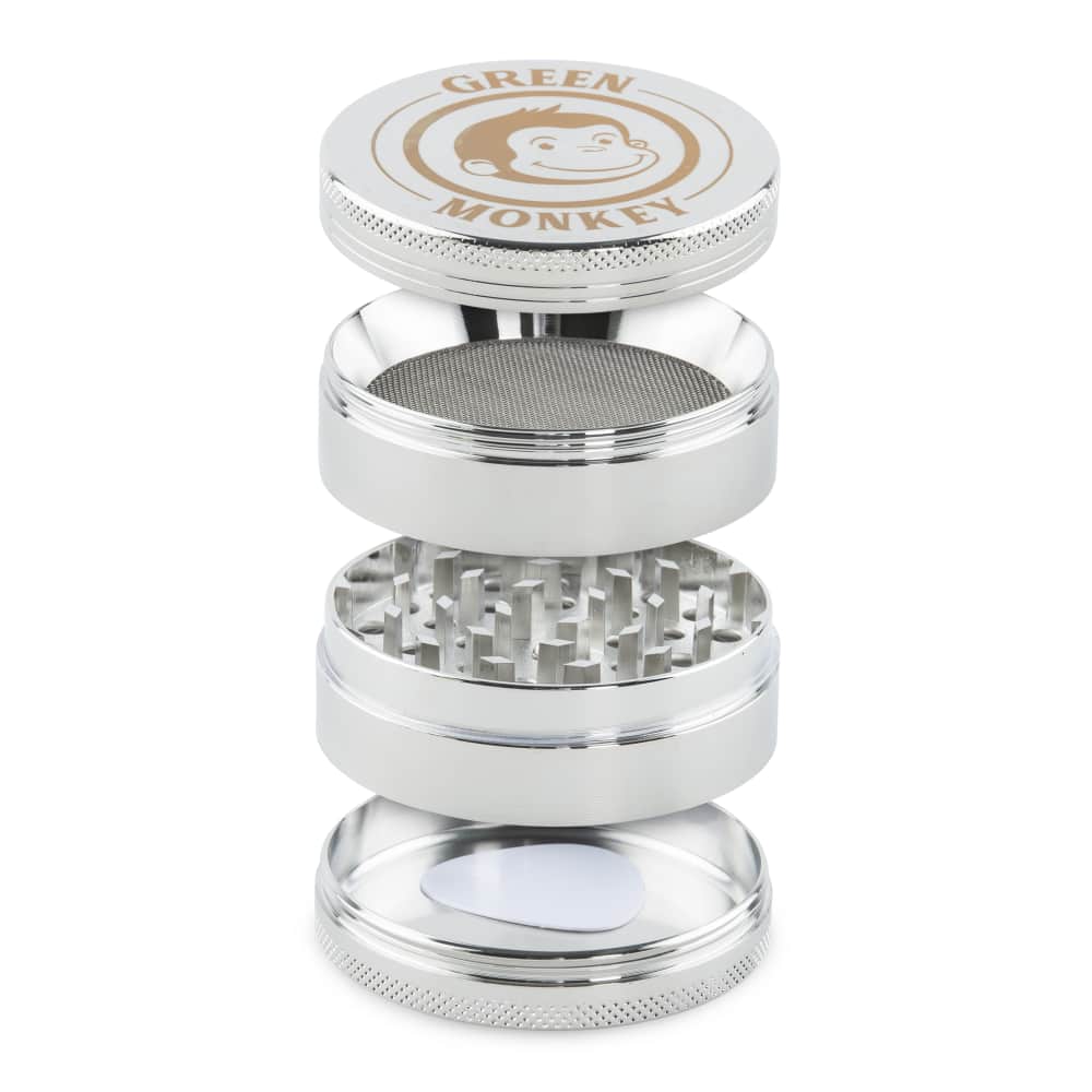 Front view of the Capuchin 63mm Grinder, showcasing its tiered, metallic construction with visible threading and a polished finish.