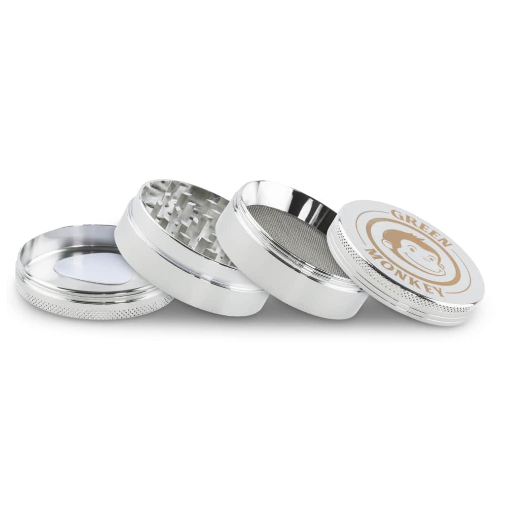 A disassembled view of the Capuchin 63mm Grinder, with its metallic components displayed in a circular arrangement against a plain white background.