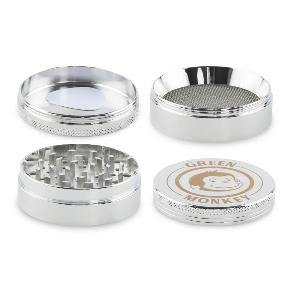 Close-up of the Capuchin 63mm Grinder with a metallic finish, angled to show its multi-tiered design.