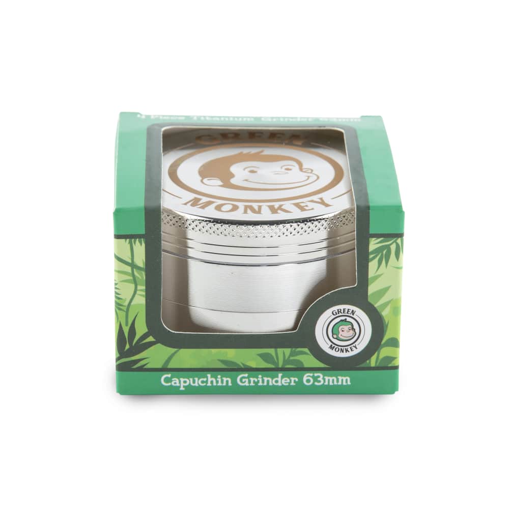 Front view of the Capuchin 63mm Grinder, a metallic, multi-tiered cylindrical device with a prominent logo.