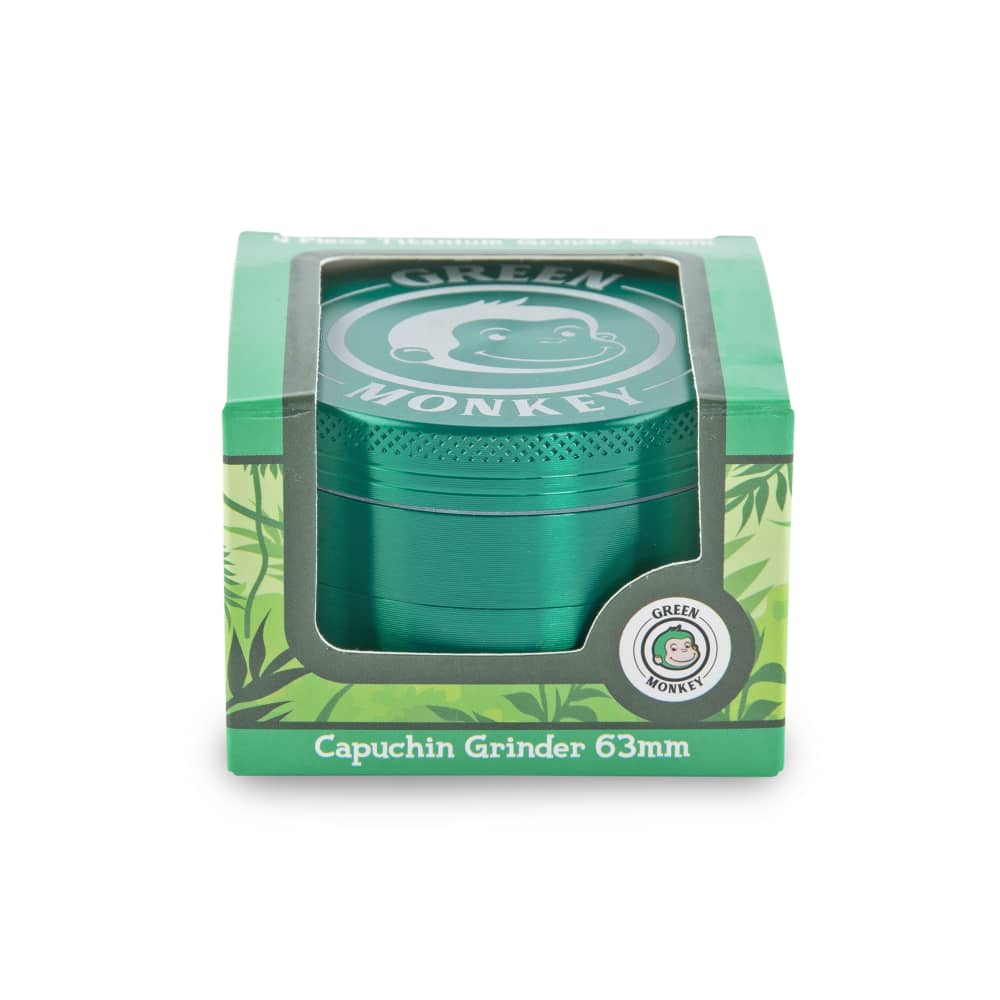 Front view of the Capuchin 63mm Grinder, showing a silver, multi-tiered design with a dark background.