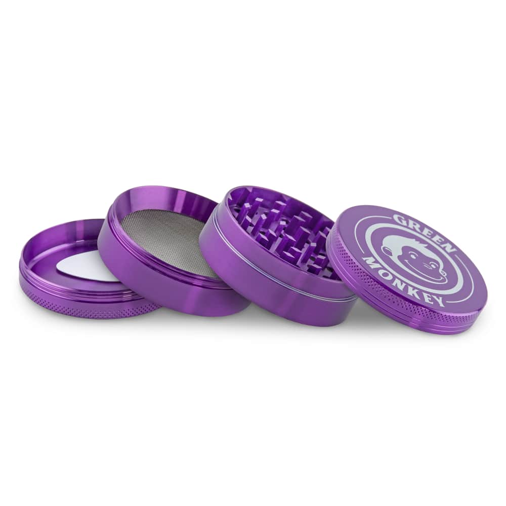 A top-down view of the disassembled Capuchin 63mm Grinder, revealing its multi-tiered, metallic purple construction.