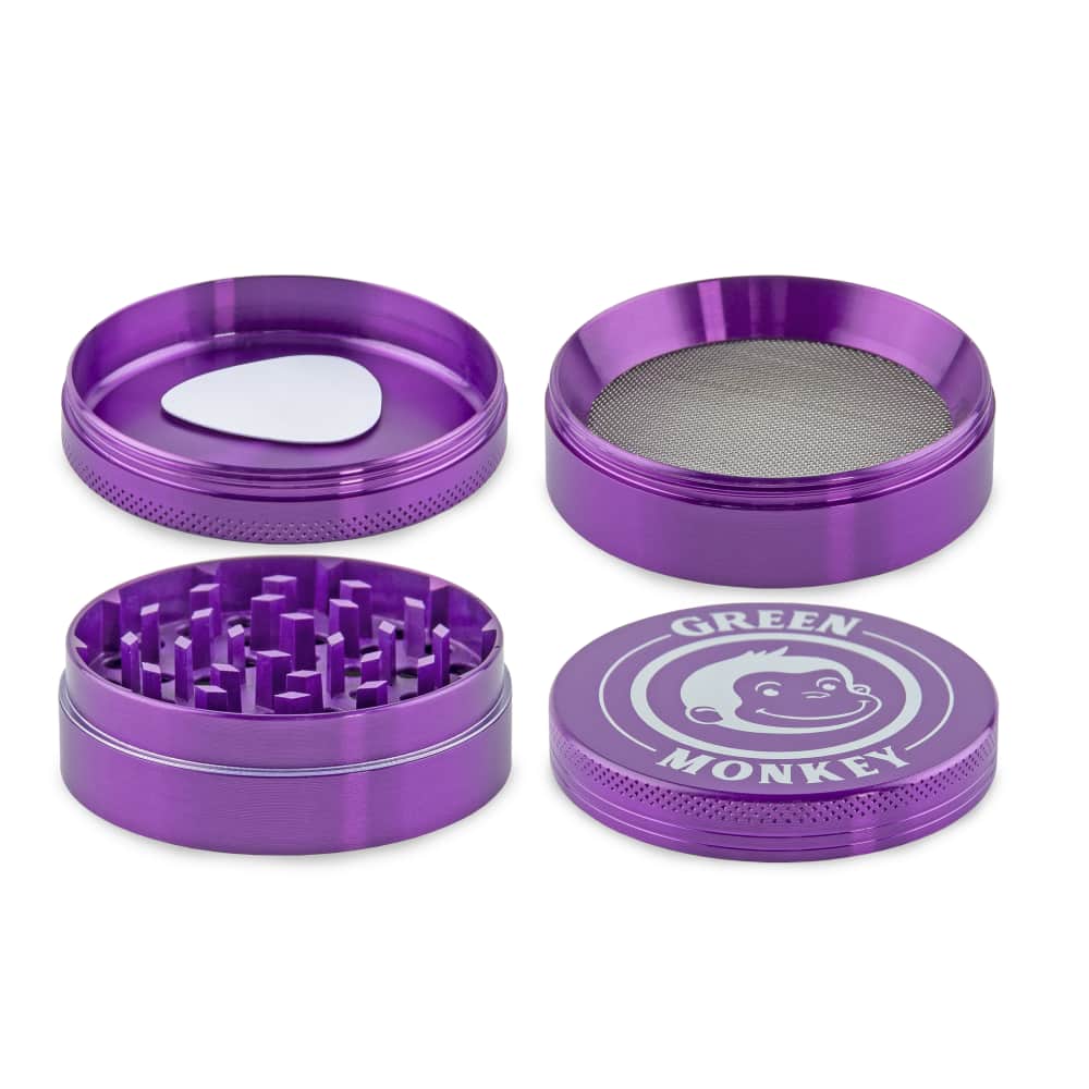 Top-down view of the Capuchin 63mm Grinder, showing its metallic purple finish and disassembled components on a white background.